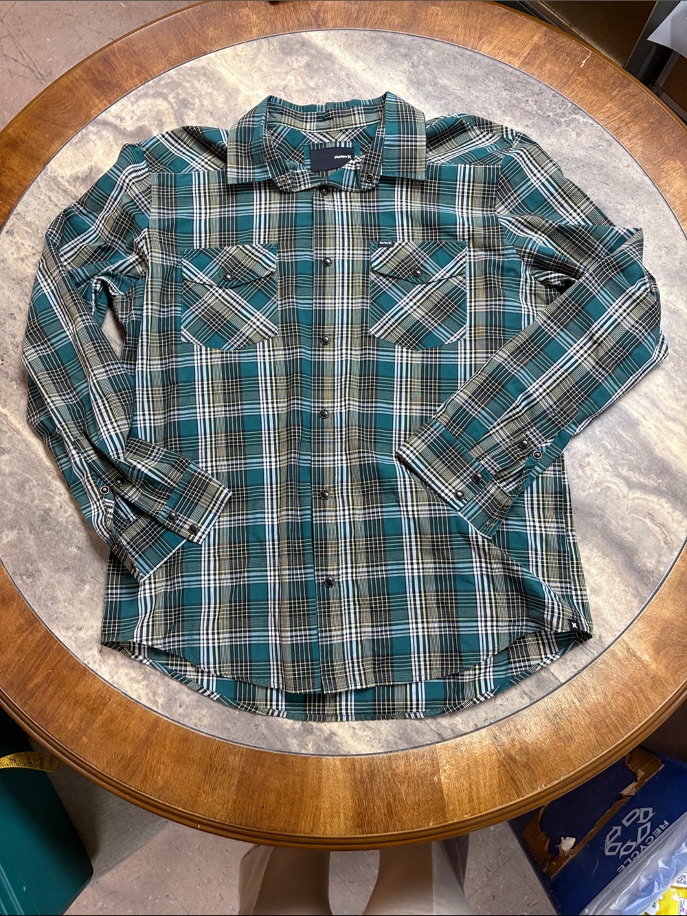 Hurley Teal and Black Plaid Long-Sleeve Button-Down Shirt